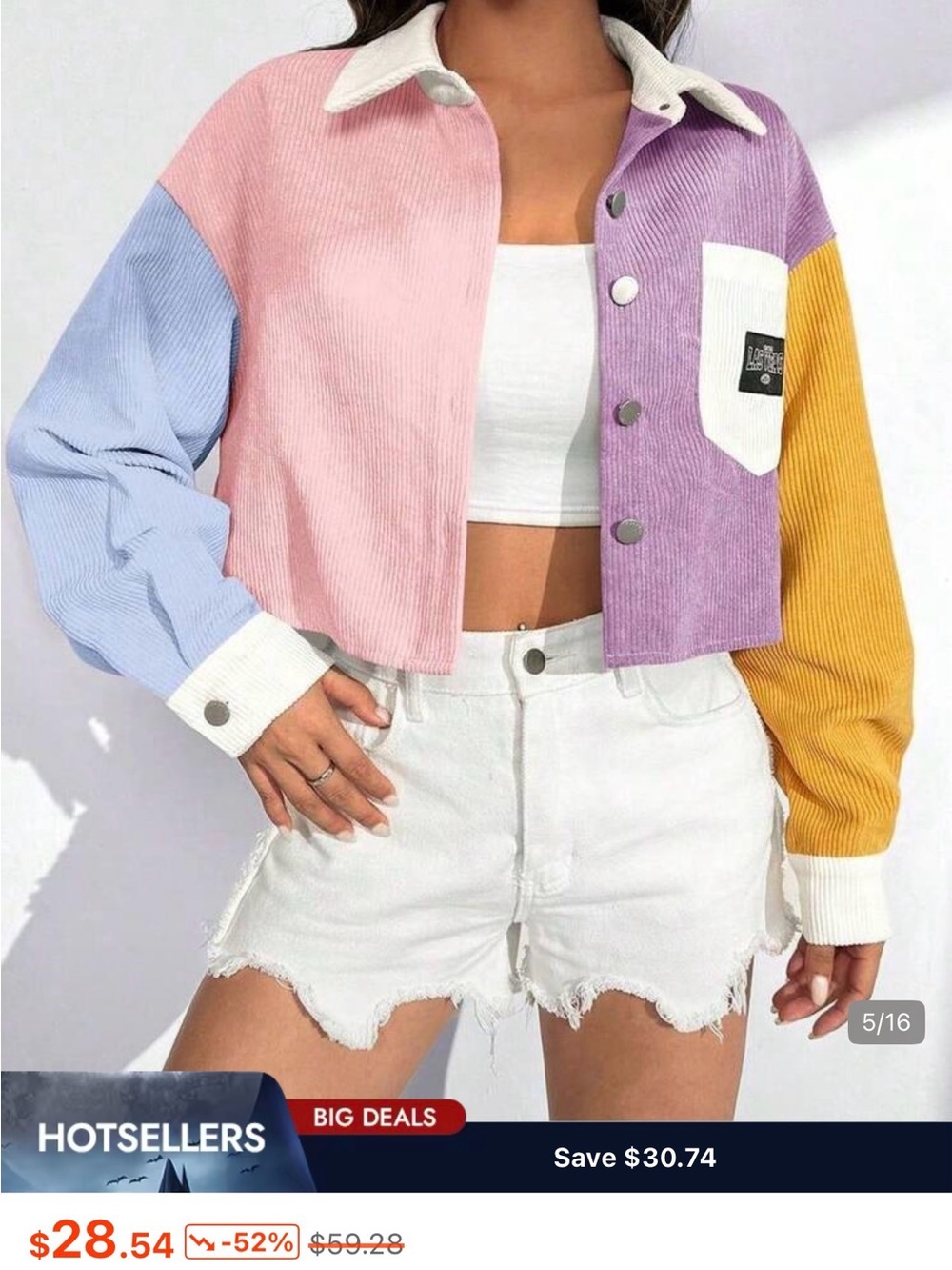 SHEIN Pink Lavender Blue & Yellow Colorblock Cropped Corduroy Bomber Jacket